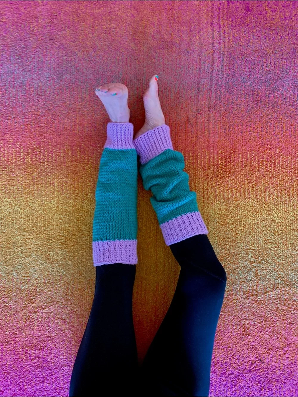 Hand-Knit Leg Warmers in Teal and Lavender